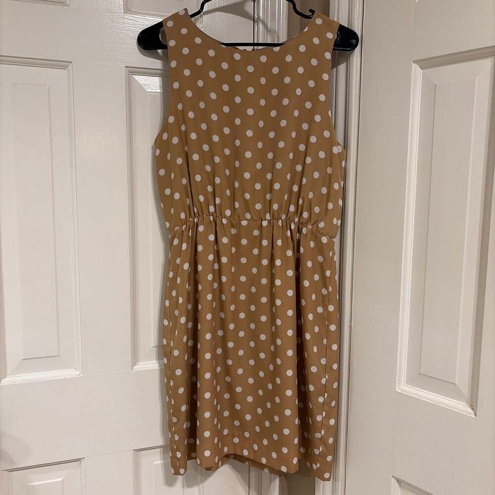 J.Crew Tan and White Polka Dot Sleeveless Elastic Waist Dress Size 10